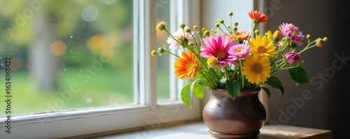 A charming sill bouquet of wildflowers in a rustic vase, adding a touch of natural beauty to a windowsill Perfect for home decor, spring themes, and rustic aesthetics , spring, botanical, beauty