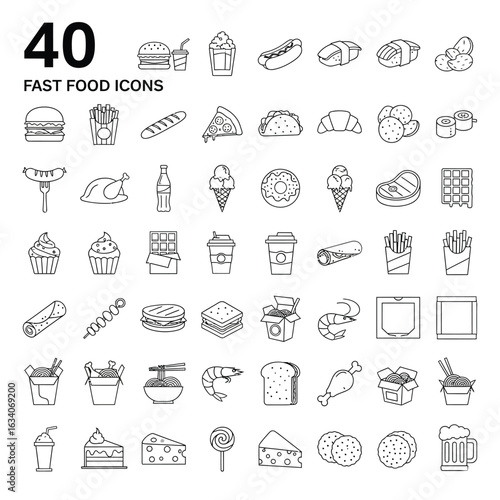 A clean and minimal line-art style vector illustration featuring a grid of 40 fast food icons in simple black outlines on a white background. This versatile icon pack includes a wide range of popular 