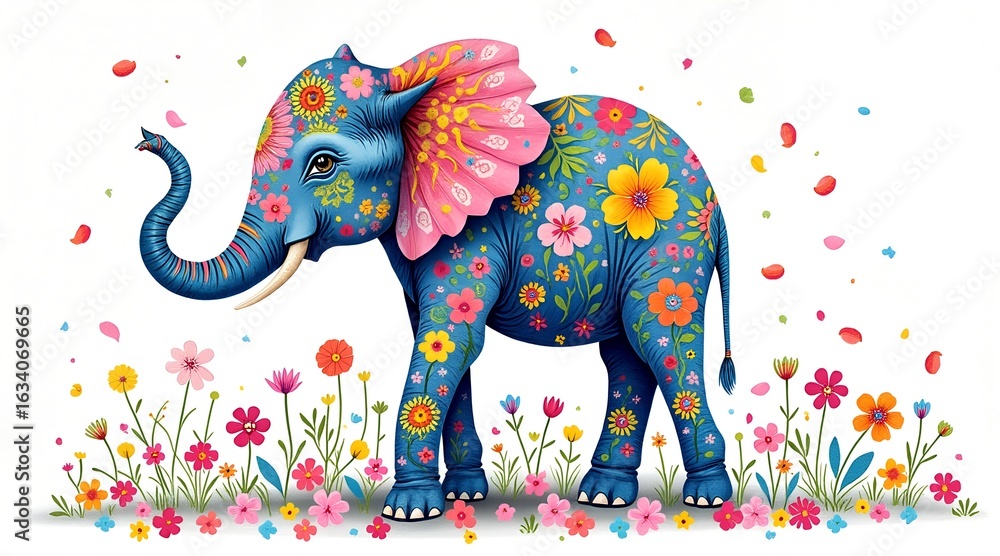 Fototapeta premium Cute blue elephant with colorful flowers isolated on white background