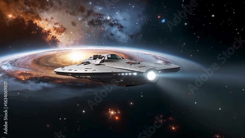 Wallpaper Mural Futuristic spaceship ascending through a nebula of glowing gas and distant stars Torontodigital.ca