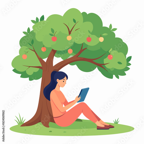 A young woman sits peacefully on the grass, reading an e-book on a tablet under the shade of a large apple tree.