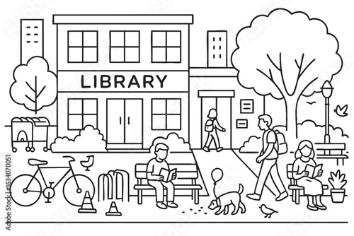 People reading and walking near public library in park. Vector illustration