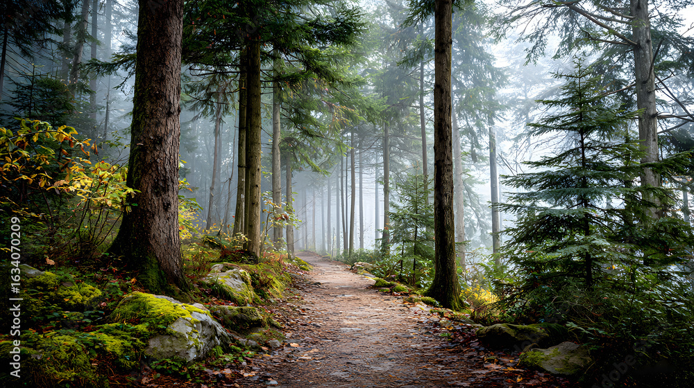 Obraz premium Foggy pine forest trail with rocks and moss on autumn morning