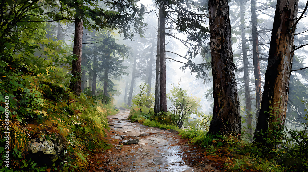Obraz premium Digital forest painting with pine trees and mist along wooded path