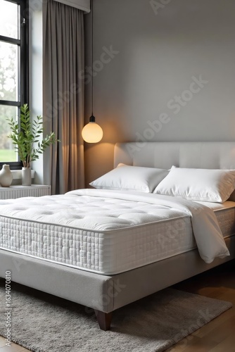 A plush, supportive mattress sits neatly on a modern bed frame, ready for a comfortable night's sleep The crisp white bedding adds to the inviting aesthetic , bed, peaceful, bedroom furniture