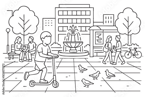 Boy riding scooter in city square with fountain birds and people. Vector illustration