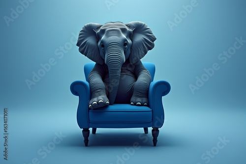An elephant is sitting on a blue chair in a studio