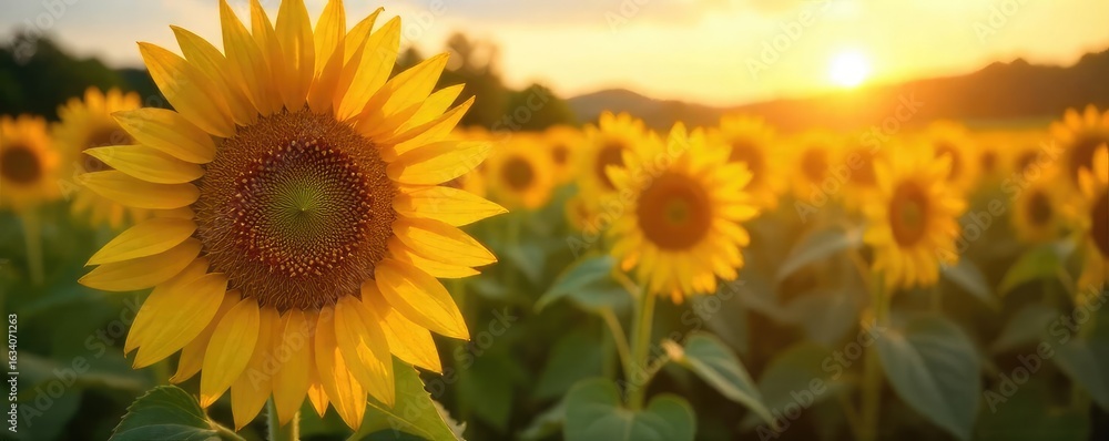 Obraz premium Golden hour sunlight bathes a field of ripe sunflowers, heavy with seeds, swaying gently in the warm summer breeze A perfect image for harvest, abundance, and summer joy , heavy, harvest, petals