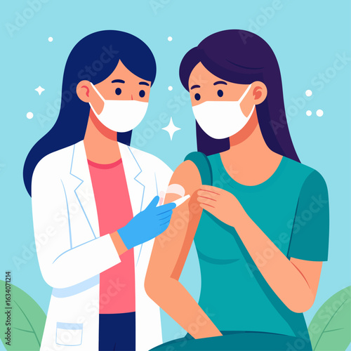 A medical professional administers a vaccine to a patient, both wearing protective masks, symbolizing healthcare and public health efforts.