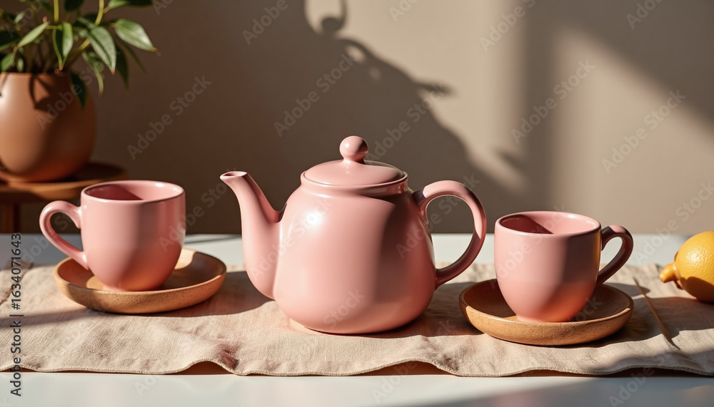 Fototapeta premium Guava color ceramic teapot with matching cups on wooden saucers, minimal cozy tea setup with soft sunlight and natural tones