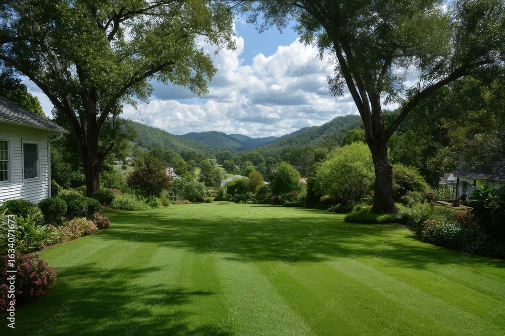 Obraz premium Lush green lawn stretches towards rolling mountains under a clear blue sky filled with fluffy white clouds, creating a serene atmosphere