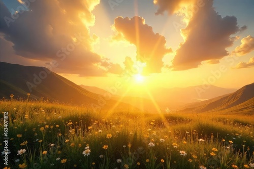 Serene landscape bathed in golden sunlight, conveying a sense of peace and divine connection Perfect for themes of faith, hope, and spiritual awakening , energy, soul, serenity