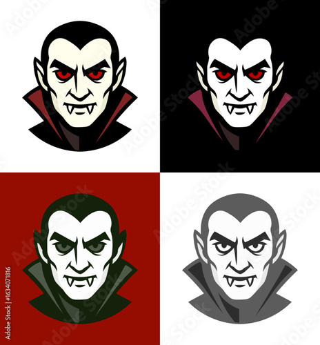 A bold and clean vector illustration of a vampire head in a classic style, featuring sharp fangs, pointed ears, and a dramatic collar.