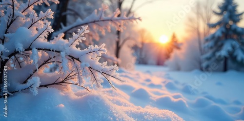 A frosty winter landscape, ice crystals clinging to branches, snow covering the ground, creating a serene, cold atmosphere The sun casts long shadows, emphasizing the chill , cold weather, landscape