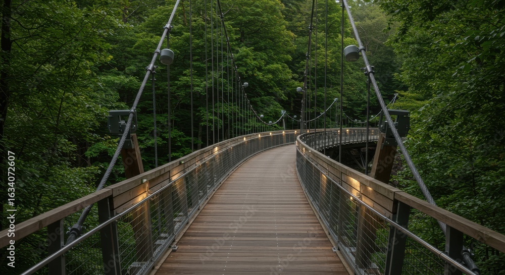 Obraz premium Elevated wooden bridge illuminated by lights amidst lush green forest canopy