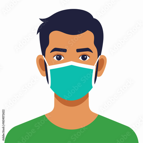 A stylized illustration of a young man with dark hair wearing a teal protective medical face mask.