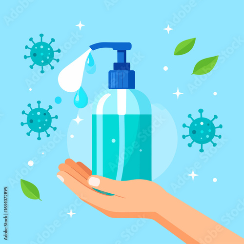 Hand sanitizing with a dispenser bottle, surrounded by virus cells and leaves, against a light blue background.