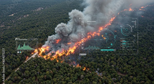 Aerial view of forest fire with overlayed digital data