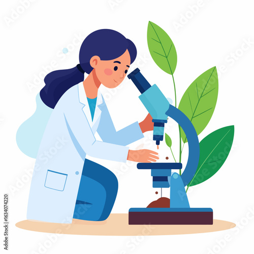Illustration of a female researcher in a lab coat analyzing a sample with a microscope.