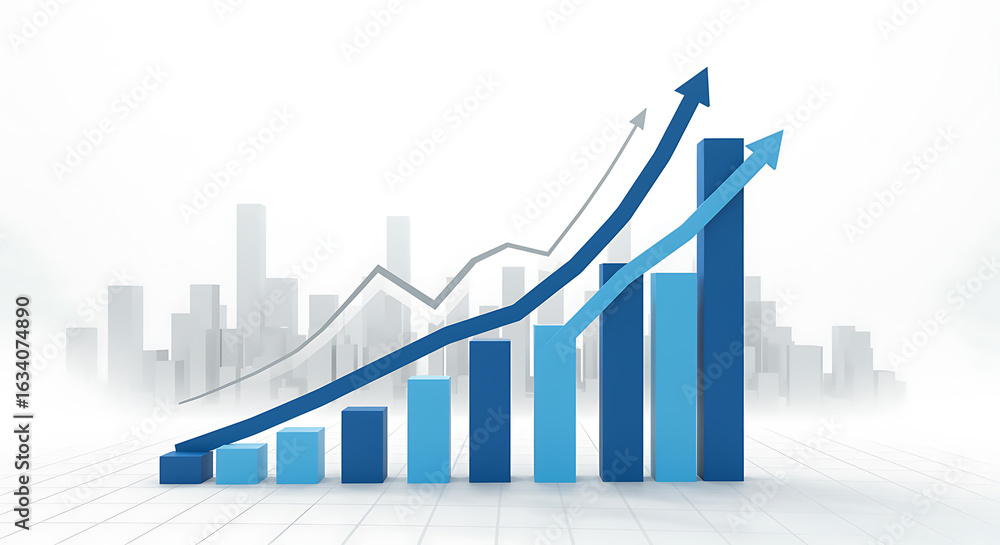 Fototapeta premium Dynamic business growth chart showing positive trends with upward arrows in modern city landscape