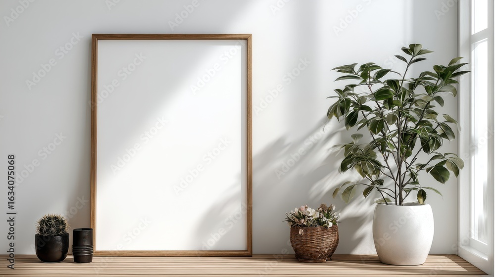 Fototapeta premium Vertical frame mock-up above simple console