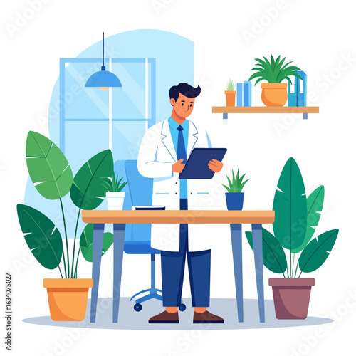 A male doctor in a white coat reviews a patient's chart on a tablet in his modern, plant-filled office.