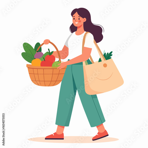 A smiling woman walks with a full basket of fresh produce and a reusable tote bag, symbolizing healthy living and sustainable shopping.