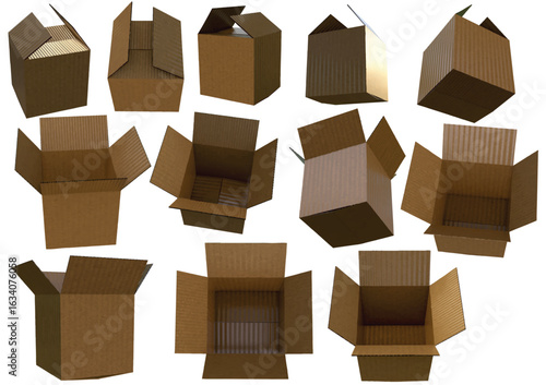 Twelve folding cardboard boxes as isolated 12 vector objects and layers created by 3D modeling photorealistic materials.