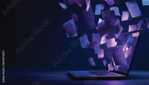 Digital transformation with a laptop computer sending documents and papers to the cloud for efficient online document management and data flow