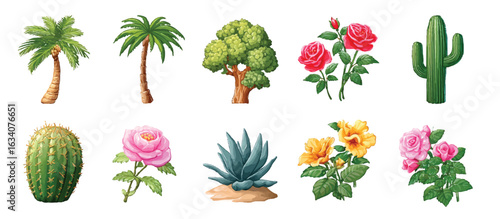 Diverse Botanical Illustration Set Featuring Trees Cacti Roses and Agave on White Background Perfect for Garden and Desert Themes