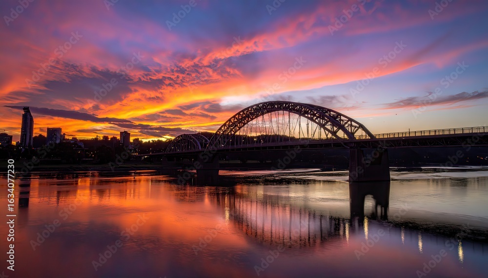 Naklejka premium Arched Bridge Silhouette Under Fiery Sunset Sky