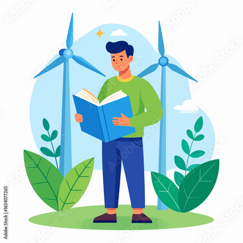 A young man absorbed in reading a book, standing before wind turbines, surrounded by greenery.
