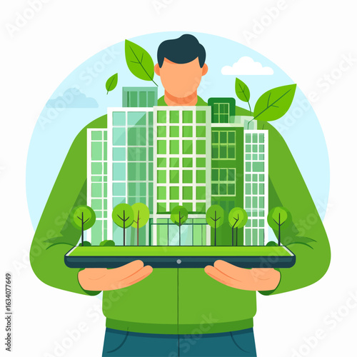A man presents a model of a sustainable green city with modern buildings emerging from a digital tablet.