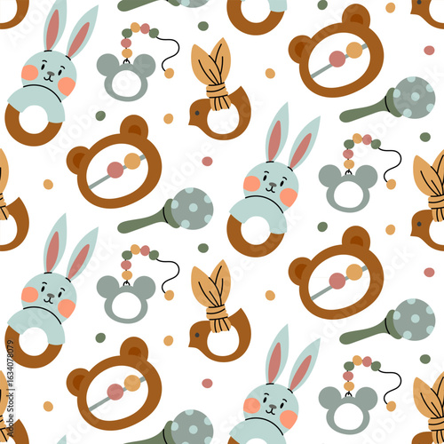Pattern of toys for newborns. Rattles and wooden chew toys of various shapes. Flat colored seamless texture with doodle. Wooden in form of maracas, hare, mouse, bear, bird. Packaging of baby products