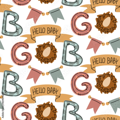 A pattern dedicated to a newborn. Hello, baby on the ribbon, a nest with an egg next to the letters G and B. A flat, colored, seamless texture. The joy of a newborn. packaging
