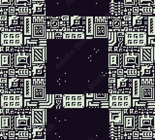 Retro pixel art background in arcade style, featuring abstract, maze-like mechanical structures forming walls with a central opening. Sci-fi platformer or space-themed pixel games.