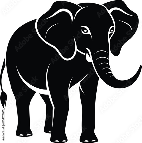 A black and white image of an elephant, showcasing its large ears and trunk in a serene pose