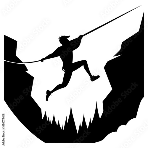 Man crossing canyon on tightrope silhouette