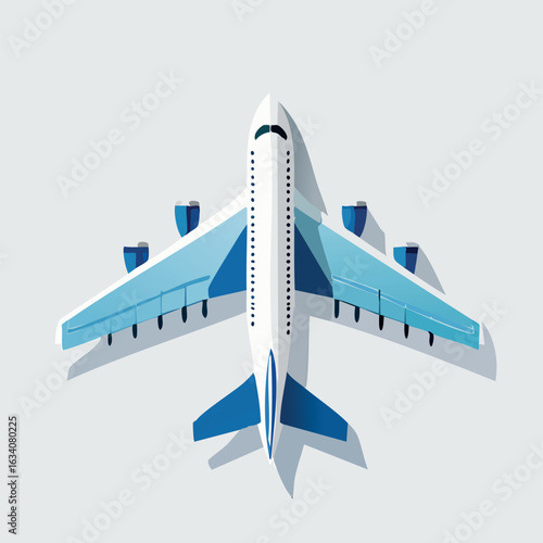 Minimalist vector illustration of a passenger airplane, top-down view. Simplified jet icon for travel and transport concepts.