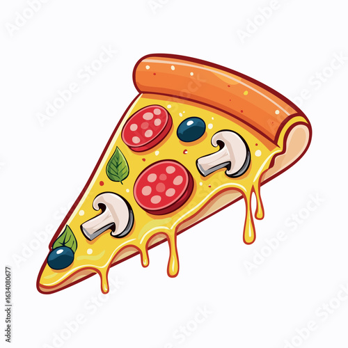 Vector clip art of a delicious pizza slice with dripping melted cheese, pepperoni, mushrooms, and olives. Italian fast food illustration.