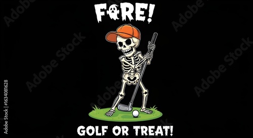 A skeleton wearing an orange hat playing golf with the words fore and golf or treat on a black background