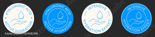 Hyaluronic Acid Stamps. Skincare Formula Ingredient. Active Hydration Vector Design Badges.
