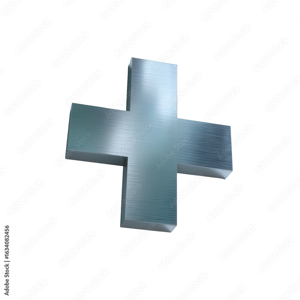 Fototapeta premium 3D metallic cross symbol on a white isolated background, representing health, plus sign, or positive concepts. Ideal for medical, healthcare, or symbolism-related designs.