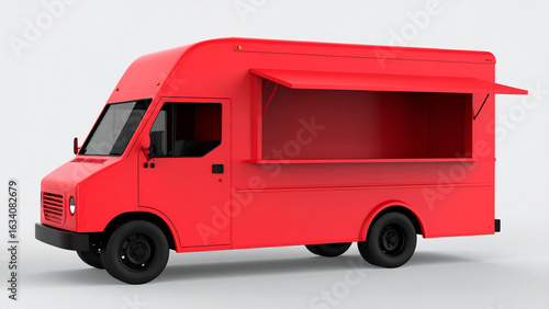A plain matte red food truck with an open service window. Realistic 3D render mockup for branding, isolated on a white background.