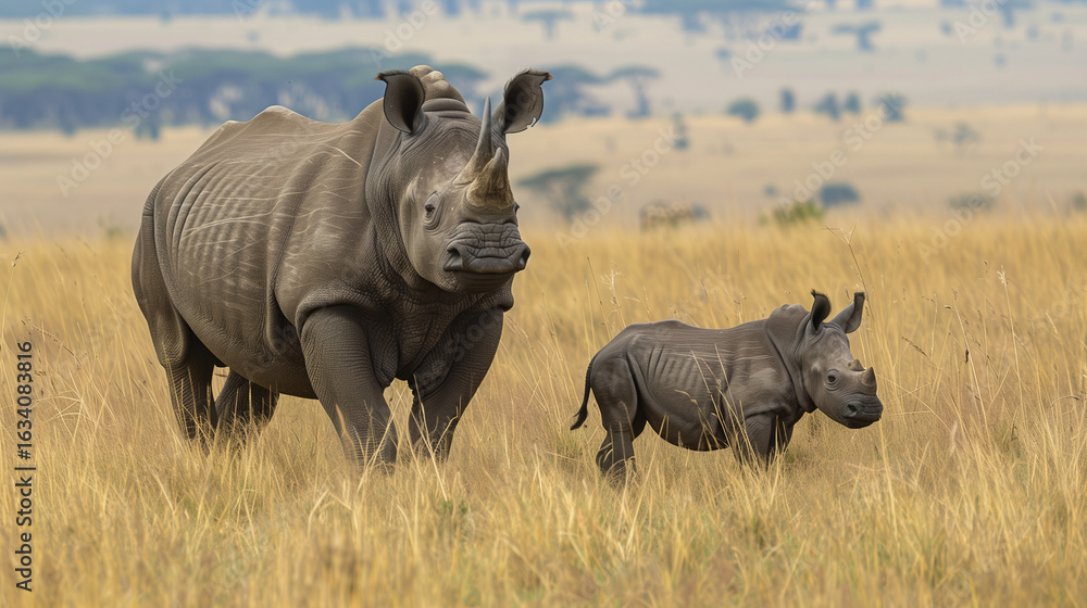 Fototapeta premium Black Rhino in Masai Mara, Kenya. Black Rhino and Calf in the Masai Mara, Kenya