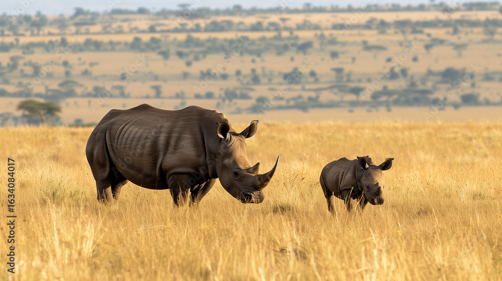 Obraz premium Black Rhino in Masai Mara, Kenya. Black Rhino and Calf in the Masai Mara, Kenya