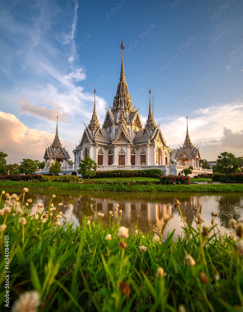 Naklejka premium Temple reflected in tranquil pond, sunset