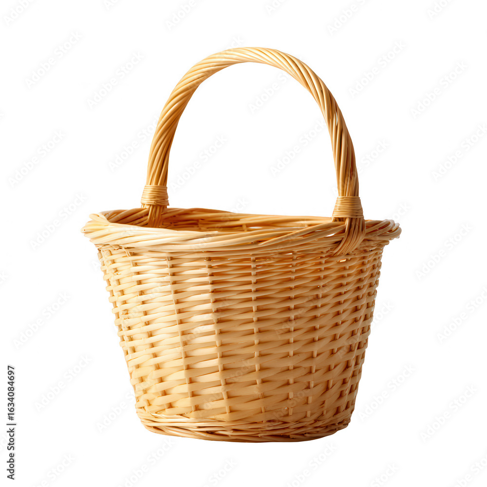 Obraz premium A beautifully woven wicker basket with a sturdy handle against a white background, perfect for home decor, storage, or as a gift container.