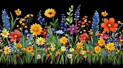 Vibrant floral border with a profusion of colorful flowers and greenery.