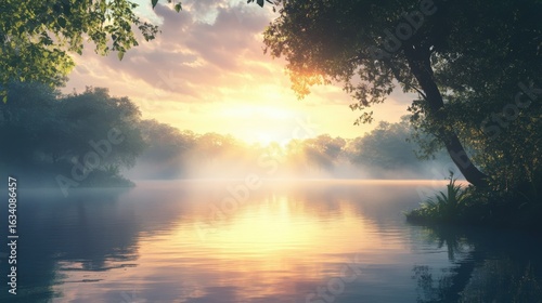 Sunrise over a misty river, framed by trees.